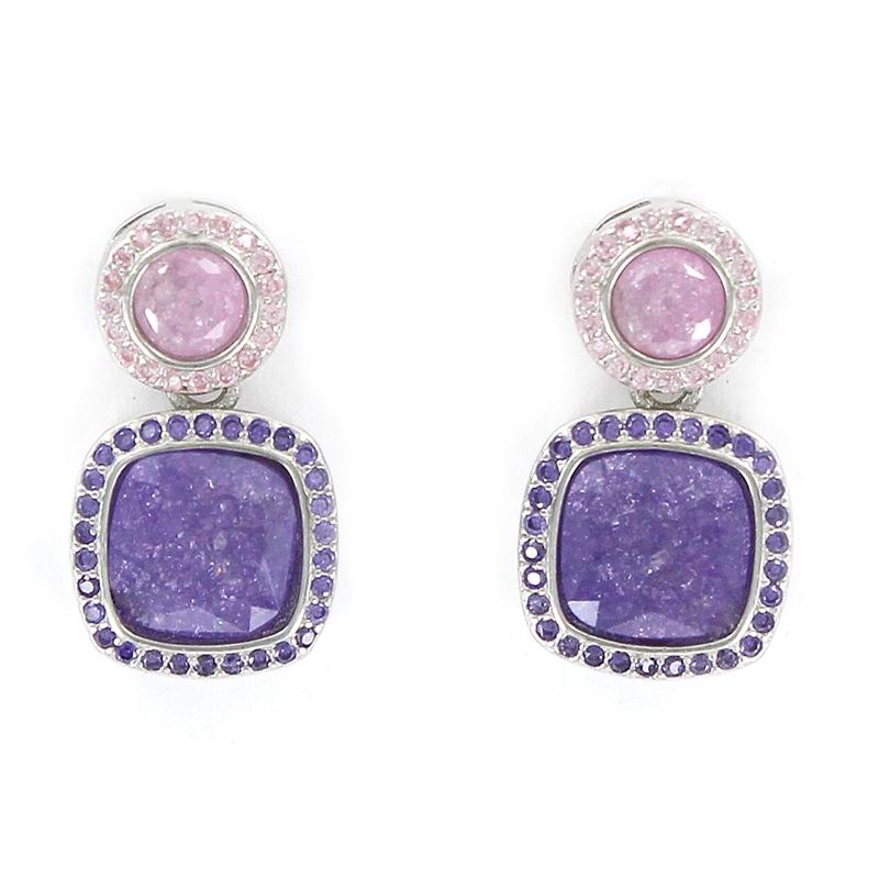 Rhodium Plated Silver Earrings with a Pink Disc Stone and a Purple Square Stone